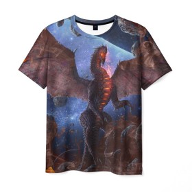 Мужская футболка 3D с принтом SPACE FIRE DRAGO в Новосибирске, 100% полиэфир | прямой крой, круглый вырез горловины, длина до линии бедер | dragon | fire | monster | space | драго | дракон | космический | космос | монстр | огнедыщащий | огонь | прикольная картинка | чудовище | ящерица