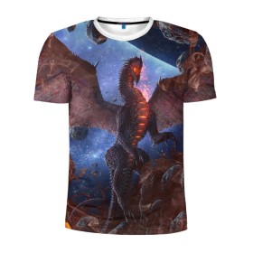 Мужская футболка 3D спортивная с принтом SPACE FIRE DRAGO в Новосибирске, 100% полиэстер с улучшенными характеристиками | приталенный силуэт, круглая горловина, широкие плечи, сужается к линии бедра | dragon | fire | monster | space | драго | дракон | космический | космос | монстр | огнедыщащий | огонь | прикольная картинка | чудовище | ящерица