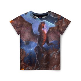 Детская футболка 3D с принтом SPACE FIRE DRAGO в Новосибирске, 100% гипоаллергенный полиэфир | прямой крой, круглый вырез горловины, длина до линии бедер, чуть спущенное плечо, ткань немного тянется | dragon | fire | monster | space | драго | дракон | космический | космос | монстр | огнедыщащий | огонь | прикольная картинка | чудовище | ящерица