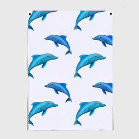 Постер с принтом Рай для дельфина в Новосибирске, 100% бумага
 | бумага, плотность 150 мг. Матовая, но за счет высокого коэффициента гладкости имеет небольшой блеск и дает на свету блики, но в отличии от глянцевой бумаги не покрыта лаком | Тематика изображения на принте: арт | дельфин | дельфины | искусство | морское | океан | паттерн | рыба | рыбы