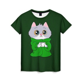 Женская футболка 3D с принтом На карантине в Новосибирске, 100% полиэфир ( синтетическое хлопкоподобное полотно) | прямой крой, круглый вырез горловины, длина до линии бедер | cat | в пледе | дома | карантин | кот | кот в пледе | котенок | котик | на карантине | сберкот | сберкот с кружкой | сидим дома | сижу дома | стикер