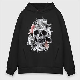 Мужское худи Oversize хлопок с принтом Skull в Новосибирске, френч-терри — 70% хлопок, 30% полиэстер. Мягкий теплый начес внутри —100% хлопок | боковые карманы, эластичные манжеты и нижняя кромка, капюшон на магнитной кнопке | Тематика изображения на принте: flower | grin | jaw | orbits | rose | skull | teeth | глазницы | зубы | оскал | пасть | роза | цветок | череп