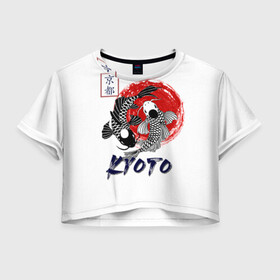 Женская футболка Crop-top 3D с принтом Карпы Кои Киото в Новосибирске, 100% полиэстер | круглая горловина, длина футболки до линии талии, рукава с отворотами | Тематика изображения на принте: киото япония японский стиль карпы кои