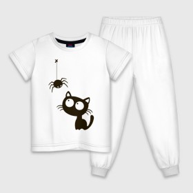 Детская пижама хлопок с принтом Котик и паучек в Новосибирске, 100% хлопок |  брюки и футболка прямого кроя, без карманов, на брюках мягкая резинка на поясе и по низу штанин
 | Тематика изображения на принте: высказывание | идея | котик | манера | мемы | паук | разные | рисунок | символ