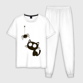 Мужская пижама хлопок с принтом Котик и паучек в Новосибирске, 100% хлопок | брюки и футболка прямого кроя, без карманов, на брюках мягкая резинка на поясе и по низу штанин
 | высказывание | идея | котик | манера | мемы | паук | разные | рисунок | символ