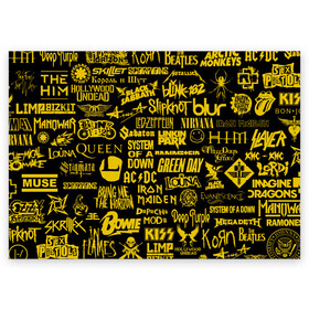 Поздравительная открытка с принтом Логотипы рок групп GOLD в Новосибирске, 100% бумага | плотность бумаги 280 г/м2, матовая, на обратной стороне линовка и место для марки
 | ac dc | deep purple | him | hollywood undead | iron maiden | kiss | limp bizkit | linkin park | louna | manowar | metallica | rammstein | slipknot | thirty seconds to mars | алиса | групп | логотипы | луна | рок