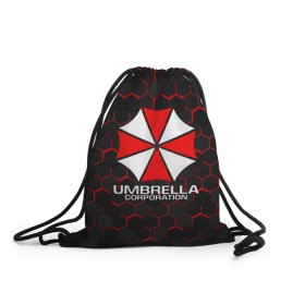 Рюкзак-мешок 3D с принтом UMBRELLA CORP в Новосибирске, 100% полиэстер | плотность ткани — 200 г/м2, размер — 35 х 45 см; лямки — толстые шнурки, застежка на шнуровке, без карманов и подкладки | Тематика изображения на принте: ada wong | biohazard | leon | nemesis | project resistance | raccoon city | re | re3 | resident evil | resident evil 3 | rpd | stars | umbrella | ада вонг | амбрелла | немезис | ужасы