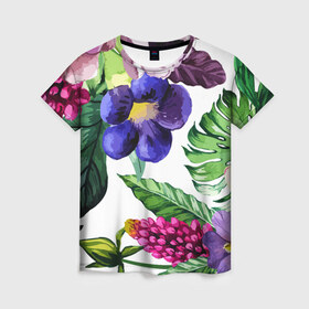 Женская футболка 3D с принтом Цветы в Новосибирске, 100% полиэфир ( синтетическое хлопкоподобное полотно) | прямой крой, круглый вырез горловины, длина до линии бедер | big picture | лето | листья | прикольные картинки | тропические | цветы
