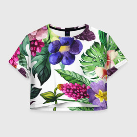 Женская футболка Crop-top 3D с принтом Цветы в Новосибирске, 100% полиэстер | круглая горловина, длина футболки до линии талии, рукава с отворотами | big picture | лето | листья | прикольные картинки | тропические | цветы