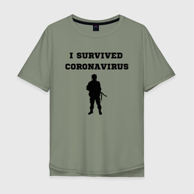 Мужская футболка хлопок Oversize с принтом Coronavirus Survivor в Новосибирске, 100% хлопок | свободный крой, круглый ворот, “спинка” длиннее передней части | Тематика изображения на принте: corona | coronavirus | i | survive | virus | вирус | корона | коронавирус | пережил | я