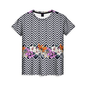 Женская футболка 3D с принтом тропически цветы с орнаментом в Новосибирске, 100% полиэфир ( синтетическое хлопкоподобное полотно) | прямой крой, круглый вырез горловины, длина до линии бедер | casual | summer | летние | лето | пляжное | тренд | тропики