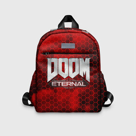 Детский рюкзак 3D с принтом DOOM: ETERNAL. в Новосибирске, 100% полиэстер | лямки с регулируемой длиной, сверху петелька, чтобы рюкзак можно было повесить на вешалку. Основное отделение закрывается на молнию, как и внешний карман. Внутри дополнительный карман. По бокам два дополнительных кармашка | Тематика изображения на принте: doom | doom eternal | game | дум | игра