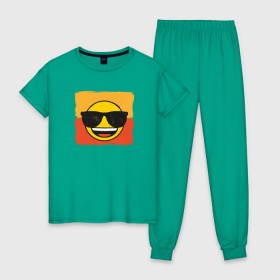 Женская пижама хлопок с принтом Крутой Эмодзи в Новосибирске, 100% хлопок | брюки и футболка прямого кроя, без карманов, на брюках мягкая резинка на поясе и по низу штанин | deal with it | emoji | emojico | в очках | весенний | довольный | крутой | крутой смайлик | летний | мем | смайл | смайлик | смайлик в очках | счастливый | эмоджи | эмодзи | эмодзи смс
