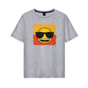 Женская футболка хлопок Oversize с принтом Крутой Эмодзи в Новосибирске, 100% хлопок | свободный крой, круглый ворот, спущенный рукав, длина до линии бедер
 | Тематика изображения на принте: deal with it | emoji | emojico | в очках | весенний | довольный | крутой | крутой смайлик | летний | мем | смайл | смайлик | смайлик в очках | счастливый | эмоджи | эмодзи | эмодзи смс