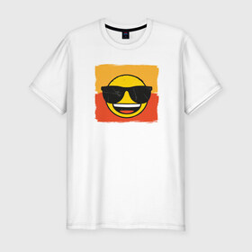 Мужская футболка премиум с принтом Крутой Эмодзи в Новосибирске, 92% хлопок, 8% лайкра | приталенный силуэт, круглый вырез ворота, длина до линии бедра, короткий рукав | deal with it | emoji | emojico | в очках | весенний | довольный | крутой | крутой смайлик | летний | мем | смайл | смайлик | смайлик в очках | счастливый | эмоджи | эмодзи | эмодзи смс