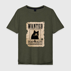 Мужская футболка хлопок Oversize с принтом Кот в Новосибирске, 100% хлопок | свободный крой, круглый ворот, “спинка” длиннее передней части | Тематика изображения на принте: cat | wanted | живым или мертвым | кот | кот шредингера | котэ | опасен | разыскивается | чёрный кот