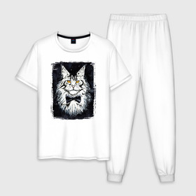 Мужская пижама хлопок с принтом Hello kittys! в Новосибирске, 100% хлопок | брюки и футболка прямого кроя, без карманов, на брюках мягкая резинка на поясе и по низу штанин
 | Тематика изображения на принте: акварельный | арт | галстук бабочка | глаза | кот | коты | котяра | кошка | крутая рисунок | мейнкун | мейнкуны | мех | мэйн кун | портрет | рисованный | скетч | стильная | чёрный