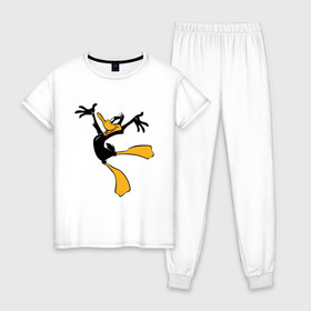 Женская пижама хлопок с принтом Даффи Дак в Новосибирске, 100% хлопок | брюки и футболка прямого кроя, без карманов, на брюках мягкая резинка на поясе и по низу штанин | daffy duck | looney tunes | vdzabma | даффи дак | луни тюнз