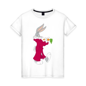 Женская футболка хлопок с принтом Багз Банни в Новосибирске, 100% хлопок | прямой крой, круглый вырез горловины, длина до линии бедер, слегка спущенное плечо | bugs bunny | looney tunes | vdzabma | багз банни | луни тюнз