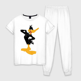 Женская пижама хлопок с принтом Даффи Дак в Новосибирске, 100% хлопок | брюки и футболка прямого кроя, без карманов, на брюках мягкая резинка на поясе и по низу штанин | daffy duck | looney tunes | vdzabma | даффи дак | луни тюнз