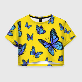 Женская футболка Crop-top 3D с принтом БАБОЧКИ в Новосибирске, 100% полиэстер | круглая горловина, длина футболки до линии талии, рукава с отворотами | animals | blue | butterflies | game | insects | life is strange | moth | wings | бабочки | животные | игра | крылья | мотылек | насекомые