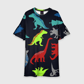 Детское платье 3D с принтом Динозавры в Новосибирске, 100% полиэстер | прямой силуэт, чуть расширенный к низу. Круглая горловина, на рукавах — воланы | Тематика изображения на принте: деская маска | динозавр | динозавры | животные | маска | прикольные
