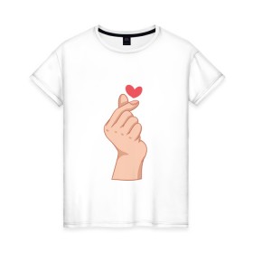 Женская футболка хлопок с принтом Корейское сердечко в Новосибирске, 100% хлопок | прямой крой, круглый вырез горловины, длина до линии бедер, слегка спущенное плечо | жест | жесты | корейское сердечко | корейцы | люблю | люблю тебя | любовь | популярное | сердечко | сердце | симпатия | я люблю
