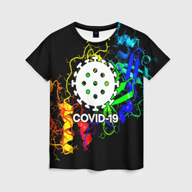 Женская футболка 3D с принтом COVID-19 NEW в Новосибирске, 100% полиэфир ( синтетическое хлопкоподобное полотно) | прямой крой, круглый вырез горловины, длина до линии бедер | covid 19 | molecule | абстракция | клетки | коронавирус | медицина | микробы | молекулы | наука | нейрон | нейроны | текстура | текстуры | формула