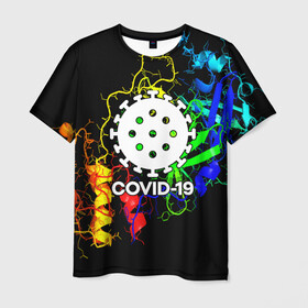 Мужская футболка 3D с принтом COVID-19 NEW в Новосибирске, 100% полиэфир | прямой крой, круглый вырез горловины, длина до линии бедер | covid 19 | molecule | абстракция | клетки | коронавирус | медицина | микробы | молекулы | наука | нейрон | нейроны | текстура | текстуры | формула