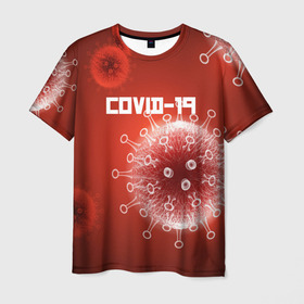 Мужская футболка 3D с принтом COVID-19 в Новосибирске, 100% полиэфир | прямой крой, круглый вырез горловины, длина до линии бедер | covid 19 | molecule | абстракция | клетки | коронавирус | медицина | микробы | молекулы | наука | нейрон | нейроны | текстура | текстуры | формула