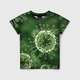 Детская футболка 3D с принтом COVID-19 в Новосибирске, 100% гипоаллергенный полиэфир | прямой крой, круглый вырез горловины, длина до линии бедер, чуть спущенное плечо, ткань немного тянется | Тематика изображения на принте: covid 19 | molecule | абстракция | клетки | коронавирус | медицина | микробы | молекулы | наука | нейрон | нейроны | текстура | текстуры | формула