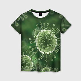 Женская футболка 3D с принтом COVID-19 в Новосибирске, 100% полиэфир ( синтетическое хлопкоподобное полотно) | прямой крой, круглый вырез горловины, длина до линии бедер | covid 19 | molecule | абстракция | клетки | коронавирус | медицина | микробы | молекулы | наука | нейрон | нейроны | текстура | текстуры | формула