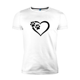 Мужская футболка премиум с принтом СЕРДЕЧКО в Новосибирске, 92% хлопок, 8% лайкра | приталенный силуэт, круглый вырез ворота, длина до линии бедра, короткий рукав | Тематика изображения на принте: animals | cat | dog | footprints | heart | love | paws | prints | romance | valentines day | wolf | амур | валентинка | влюбленные | волк | день святого валентина | животные | кот | лапы | любовь | отпечатки | романтика | сердечко | сердце