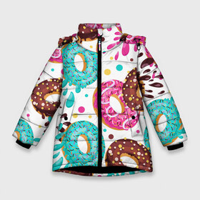 Зимняя куртка для девочек 3D с принтом Любитель пончиков в Новосибирске, ткань верха — 100% полиэстер; подклад — 100% полиэстер, утеплитель — 100% полиэстер. | длина ниже бедра, удлиненная спинка, воротник стойка и отстегивающийся капюшон. Есть боковые карманы с листочкой на кнопках, утяжки по низу изделия и внутренний карман на молнии. 

Предусмотрены светоотражающий принт на спинке, радужный светоотражающий элемент на пуллере молнии и на резинке для утяжки. | art | doodling | textures | tiles | арт | дудлинг | еда | искусство | пончик | пончики | съестное | тайлы | текстуры | узор | фон