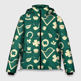 Мужская зимняя куртка 3D с принтом Ирландский арт в Новосибирске, верх — 100% полиэстер; подкладка — 100% полиэстер; утеплитель — 100% полиэстер | длина ниже бедра, свободный силуэт Оверсайз. Есть воротник-стойка, отстегивающийся капюшон и ветрозащитная планка. 

Боковые карманы с листочкой на кнопках и внутренний карман на молнии. | Тематика изображения на принте: арфа | день святого патрика | дудлинг | ирландия | клевер | леприкон | подкова | текстуры | трехлистный клевер | трландец | фон