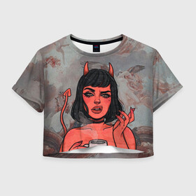 Женская футболка Crop-top 3D с принтом КОФЕЕК в Новосибирске, 100% полиэстер | круглая горловина, длина футболки до линии талии, рукава с отворотами | coffee | demon | girl | демон | дьявол | кофе | суккуба