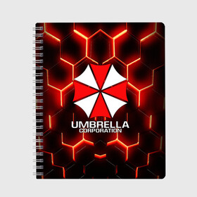 Тетрадь с принтом UMBRELLA CORP в Новосибирске, 100% бумага | 48 листов, плотность листов — 60 г/м2, плотность картонной обложки — 250 г/м2. Листы скреплены сбоку удобной пружинной спиралью. Уголки страниц и обложки скругленные. Цвет линий — светло-серый
 | Тематика изображения на принте: ada wong | biohazard | leon | nemesis | project resistance | raccoon city | re | re3 | resident evil | resident evil 3 | rpd | stars | umbrella | ада вонг | амбрелла | немезис | ужасы