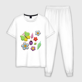 Мужская пижама хлопок с принтом Вышивка в Новосибирске, 100% хлопок | брюки и футболка прямого кроя, без карманов, на брюках мягкая резинка на поясе и по низу штанин
 | бабочки | вышивка | зонтик | лист | насекомые | сшитые | цветы