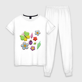 Женская пижама хлопок с принтом Вышивка в Новосибирске, 100% хлопок | брюки и футболка прямого кроя, без карманов, на брюках мягкая резинка на поясе и по низу штанин | бабочки | вышивка | зонтик | лист | насекомые | сшитые | цветы