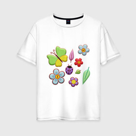 Женская футболка хлопок Oversize с принтом Вышивка в Новосибирске, 100% хлопок | свободный крой, круглый ворот, спущенный рукав, длина до линии бедер
 | бабочки | вышивка | зонтик | лист | насекомые | сшитые | цветы