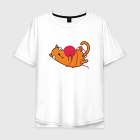 Мужская футболка хлопок Oversize с принтом What? в Новосибирске, 100% хлопок | свободный крой, круглый ворот, “спинка” длиннее передней части | cartoon | cat | kitty | вязание | игра | играет | клубок | кот | котёнок | котик | кошка | мультяшный | нитки | персонаж | рисованый | розовый | симпатичный | удивление | шутка | юмор