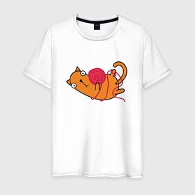 Мужская футболка хлопок с принтом What? в Новосибирске, 100% хлопок | прямой крой, круглый вырез горловины, длина до линии бедер, слегка спущенное плечо. | cartoon | cat | kitty | вязание | игра | играет | клубок | кот | котёнок | котик | кошка | мультяшный | нитки | персонаж | рисованый | розовый | симпатичный | удивление | шутка | юмор