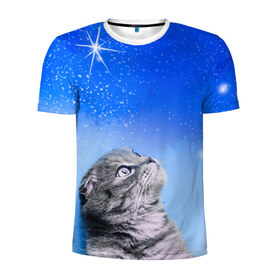 Мужская футболка 3D спортивная с принтом Кот и космос в Новосибирске, 100% полиэстер с улучшенными характеристиками | приталенный силуэт, круглая горловина, широкие плечи, сужается к линии бедра | cat | cat and space | kitty | в космосе | звездное небо | звёзды | космический кот | кот | кот в космосе | кот и звезды | кот смотрит | кот смотрит на небо | котенок | котик | кошка