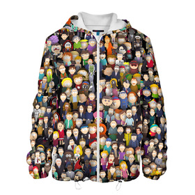 Мужская куртка 3D с принтом Персонажи South Park в Новосибирске, ткань верха — 100% полиэстер, подклад — флис | прямой крой, подол и капюшон оформлены резинкой с фиксаторами, два кармана без застежек по бокам, один большой потайной карман на груди. Карман на груди застегивается на липучку | Тематика изображения на принте: park | sout | мультик | парк | патрен | персонаж | саус | сериал | толпа | южный