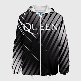 Мужская куртка 3D с принтом Queen в Новосибирске, ткань верха — 100% полиэстер, подклад — флис | прямой крой, подол и капюшон оформлены резинкой с фиксаторами, два кармана без застежек по бокам, один большой потайной карман на груди. Карман на груди застегивается на липучку | Тематика изображения на принте: 3d | queen | британская | группа | исполнитель | лого | логотип | музыканты | надпись | рок | эмблема