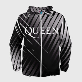 Мужская ветровка 3D с принтом Queen в Новосибирске, 100% полиэстер | подол и капюшон оформлены резинкой с фиксаторами, два кармана без застежек по бокам, один потайной карман на груди | Тематика изображения на принте: 3d | queen | британская | группа | исполнитель | лого | логотип | музыканты | надпись | рок | эмблема