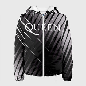 Женская куртка 3D с принтом Queen в Новосибирске, ткань верха — 100% полиэстер, подклад — флис | прямой крой, подол и капюшон оформлены резинкой с фиксаторами, два кармана без застежек по бокам, один большой потайной карман на груди. Карман на груди застегивается на липучку | 3d | queen | британская | группа | исполнитель | лого | логотип | музыканты | надпись | рок | эмблема