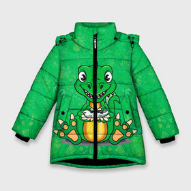 Зимняя куртка для девочек 3D с принтом Дракоша-геймер в Новосибирске, ткань верха — 100% полиэстер; подклад — 100% полиэстер, утеплитель — 100% полиэстер. | длина ниже бедра, удлиненная спинка, воротник стойка и отстегивающийся капюшон. Есть боковые карманы с листочкой на кнопках, утяжки по низу изделия и внутренний карман на молнии. 

Предусмотрены светоотражающий принт на спинке, радужный светоотражающий элемент на пуллере молнии и на резинке для утяжки. | Тематика изображения на принте: dino | dinosaur | gamer | rex | t rex | ti rex | дино | динозавр | динозаврик | дракон | дракончик | дракоша | приставка | рекс | тираннозавр | тиранозавр | тирранозавр