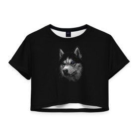 Женская футболка Crop-top 3D с принтом Хаски в Новосибирске, 100% полиэстер | круглая горловина, длина футболки до линии талии, рукава с отворотами | арт | животные | лайка | собаки | хаски
