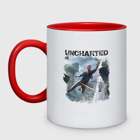 Кружка двухцветная с принтом UNCHARTED в Новосибирске, керамика | объем — 330 мл, диаметр — 80 мм. Цветная ручка и кайма сверху, в некоторых цветах — вся внутренняя часть | Тематика изображения на принте: play | uncharted | uncharted 4 | дрейк | игры | не отмеченный на карте | неведомый | неизведанный | неизвестный | нейт | нейтан